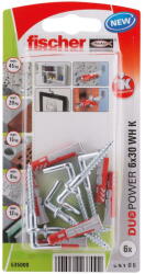 Fischer DUOPOWER dübel 6 x 30 WH K NV - derékszögű kampóval, bliszteres, 6 db/csomag (535000) - metacsavar