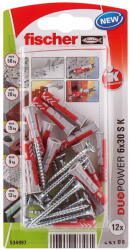 Fischer DUOPOWER dübel 6 x 30 S K NV - csavarral, bliszteres, 12 db/csomag (534997) - metacsavar