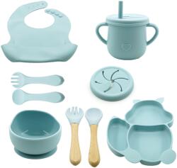 Flippy Set 10 piese diversificare bebelusi si copii din silicon Flippy, baveta, farfurie compartimentata cu ventuza, bol cu ventuza, tacamuri din lemn si silicon, cana pentru gustari, fara alergeni, baby blu Bavata