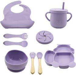 Flippy Set 10 piese diversificare bebelusi si copii din silicon Flippy, baveta, farfurie compartimentata cu ventuza, bol cu ventuza, tacamuri din lemn si silicon, cana pentru gustari, fara alergeni, mov (125 Bavata