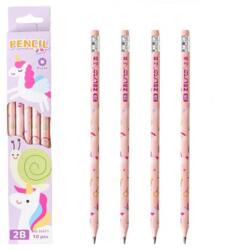 Flippy Set 10 Creioane Negre, Flippy, 2B, pentru Elevi Scoala, cu Radiera, Model Roz cu Unicorni (134126)