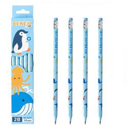 Flippy Set 10 Creioane Negre, Flippy, 2B, pentru Elevi Scoala, cu Radiera, Model Albastru cu Pinguini (134124)