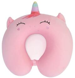 Flippy Perna de Calatorie in Forma de U, Flippy, Pentru Gat si Cap, Umplutura din Spuma cu Memorie, 30x30 cm, Model Unicorn, Accesoriu de Voiaj, Birou, Masina, Sistem Prindere Capse, Roz (133480)