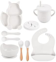 Flippy Set de Diversificare pentru Bebeluși și Copii, Flippy, 10 Piese, din Silicon, cu Bavetă, Farfurie Compartimentată și Bol cu Ventuză, Cană pentru Gustări, Tacâmuri din Lemn și Silicon, Fără Alergeni, A Set pentru masa bebelusi
