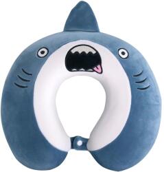 Flippy Perna de Calatorie in Forma de U, Flippy, Pentru Gat si Cap, Umplutura din Spuma cu Memorie, 30x30 cm, Model Rechin, Accesoriu de Voiaj, Birou, Masina, Sistem Prindere Capse, Albastru (133467)