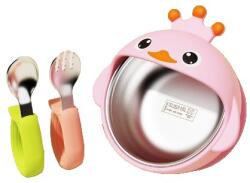 Flippy Set 3 Piese Diversificare Bebelusi si Copii, Flippy, Bol, Lingura si Furculita, Model Ratusca, din Silicon si Otel Inoxidabil, Roz (132833) Set pentru masa bebelusi