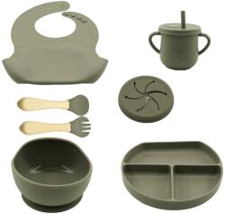 Flippy Set 8 piese diversificare bebelusi si copii din silicon Flippy, baveta, farfurie compartimentata cu ventuza, bol cu ventuza, tacamuri din lemn si silicon, cana pentru gustari, fara alergeni, verde inc Bavata
