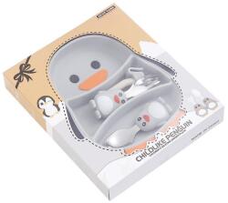 Flippy Set diversificare bebelusi Flippy, din silicon, 23.5 x 12.5 cm, 1 farfurie compartimentata in forma de pinguin, lingurita si furculita, pai, perie pai, fara alergeni, ventuza fixare, forma creativa, g Set pentru masa bebelusi