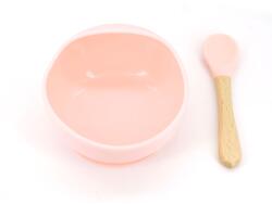 Flippy Set 2 piese diversificare bebelusi si copii din silicon Flippy, bol cu ventuza, lingurita din lemn si silicon, pentru gustari, fara alergeni, roz (125274) Set pentru masa bebelusi