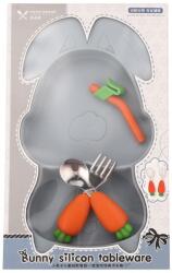 Flippy Set diversificare bebelusi Flippy, din silicon, 26 x 15 cm, 1 farfurie compartimentata in forma de iepure, lingurita si furculita, pai, perie pai, fara alergeni, ventuza fixare, forma creativa, bleuma Set pentru masa bebelusi