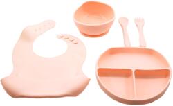 Flippy Set 5 piese diversificare bebelusi si copii din silicon Flippy, baveta, farfurie compartimentata cu ventuza, bol cu ventuza, tacamuri, fara alergeni, roz (125279) Bavata