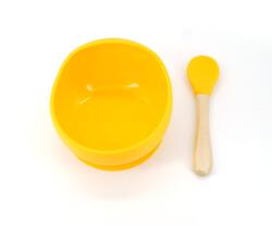 Flippy Set 2 piese diversificare bebelusi si copii din silicon Flippy, bol cu ventuza, lingurita din lemn si silicon, pentru gustari, fara alergeni, galben (125272) Set pentru masa bebelusi