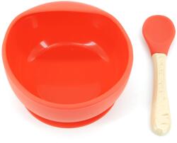 Flippy Set 2 piese diversificare bebelusi si copii din silicon Flippy, bol cu ventuza, lingurita din lemn si silicon, pentru gustari, fara alergeni, rosu (125275) Set pentru masa bebelusi