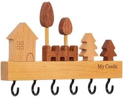 Flippy Suport pentru Chei, Flippy, din Lemn, Aplicare fara Perforare, Adeziv Inclus, 6 Carlige Negre, Model Casuta, Greutate Suportata 5 kg, 14.5 x 2 x 22.5 cm, Maro (132553)