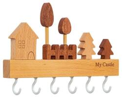 Flippy Suport pentru Chei, Flippy, din Lemn, Aplicare fara Perforare, Adeziv Inclus, 6 Carlige Albe, Model Casuta, Greutate Suportata 5 kg, 14.5 x 2 x 22.5 cm, Maro (132552)