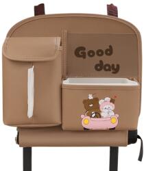 Flippy Geanta Multifunctionala de Depozitare, Flippy, pentru Bancheta din Spate a Masinii, Animat, Model Ursuleti, Scris Good Day, Suport Servetele si Telefon, 25x31 cm, Maro (132379)