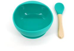 Flippy Set 2 piese diversificare bebelusi si copii din silicon Flippy, bol cu ventuza, lingurita din lemn si silicon, pentru gustari, fara alergeni, verde (125276) Set pentru masa bebelusi