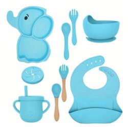 Flippy Set 10 Piese Servire Masa. Flippy, pentru Bebelusi si Copii, din Silicon/Lemn, cu Ventuze Anti-alunecare, fara Alergeni. +6 Luni, Model Elefant (126742) Set pentru masa bebelusi