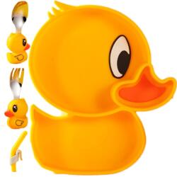 Flippy Set diversificare bebelusi Flippy, din silicon, 20 x 17.5 cm, 1 farfurie compartimentata in forma de rata, lingurita si furculita, pai, perie pai, fara alergeni, ventuza fixare, forma creativa, galben Set pentru masa bebelusi