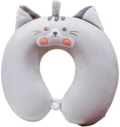 Flippy Perna de Calatorie in Forma de U, Flippy, Pentru Gat si Cap, Umplutura din Spuma cu Memorie, 30x30 cm, Model Pisica, Accesoriu de Voiaj, Birou, Masina, Sistem Prindere Capse, Gri (133475)