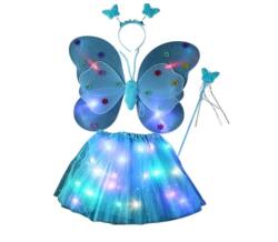 Flippy Costum Fluturas cu Aripi Modelabile Luminoase pentru Copii, Flippy, Fusta din Tul cu Lumini, Bagheta si Bentita, 4 piese, Pentru Halloween, Roleplay, Craciun, Carnaval, Paste, Ziua Copilului, Bumbac/P Costum bal mascat copii