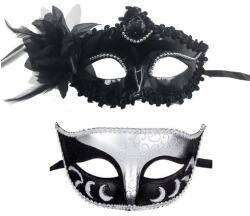 Flippy Set 2 Masti de Cuplu, Flippy, pentru Carnaval, Bal Mascat, Marime Universala, Model Floare Laterala si Margele, Model Clasic Fluture, Negru Argintiu (133000)