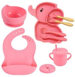 Flippy Set 10 Piese Servire Masa. Flippy, pentru Bebelusi si Copii, din Silicon/Lemn, cu Ventuze Anti-alunecare, fara Alergeni. +6 Luni, Model Elefant, Roz (126740) Set pentru masa bebelusi
