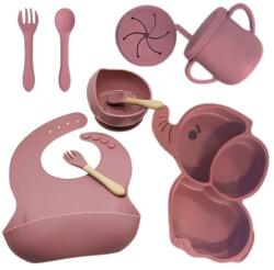 Flippy Set 10 Piese Servire Masa. Flippy, pentru Bebelusi si Copii, din Silicon/Lemn, cu Ventuze Anti-alunecare, fara Alergeni. +6 Luni, Model Elefant, Maro (126743) Set pentru masa bebelusi