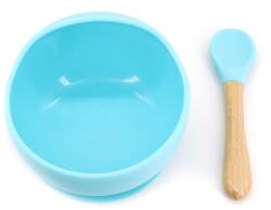 Flippy Set 2 piese diversificare bebelusi si copii din silicon Flippy, bol cu ventuza, lingurita din lemn si silicon, pentru gustari, fara alergeni, albastru (125273) Set pentru masa bebelusi