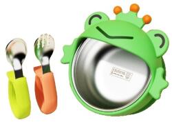 Flippy Set 3 Piese Diversificare Bebelusi si Copii, Flippy, Bol, Lingura si Furculita, Model Broscuta, din Silicon si Otel Inoxidabil, Verde (132832) Set pentru masa bebelusi