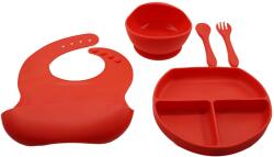 Flippy Set 5 piese diversificare bebelusi si copii din silicon Flippy, baveta, farfurie compartimentata cu ventuza, bol cu ventuza, tacamuri, fara alergeni, rosu (125281) Bavata