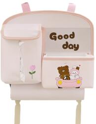Flippy Geanta Multifunctionala de Depozitare, Flippy, pentru Bancheta din Spate a Masinii, Animat, Model Ursuleti, Scris Good Day, Suport Servetele si Telefon, 25x31 cm, Roz (132380)