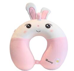 Flippy Perna de Calatorie in Forma de U, Flippy, Pentru Gat si Cap, Umplutura din Spuma cu Memorie, 30x30 cm, Model Iepuras, Accesoriu de Voiaj, Birou, Masina, Sistem Prindere Capse, Roz-Alb (133484)