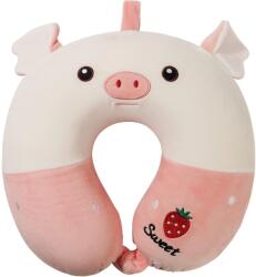 Flippy Perna de Calatorie in Forma de U, Flippy, Pentru Gat si Cap, Umplutura din Spuma cu Memorie, 30x30 cm, Model Purcelus, Accesoriu de Voiaj, Birou, Masina, Sistem Prindere Capse, Alb-Roz (133461)