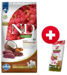 FARMINA N&D Quinoa Dog Adult Medium&Maxi Skin&Coat Venison & Coconut 7 kg + FARMINA N&D Quinoa Dental Treat Skin Coat Duck Medium/Maxi 100 g (7 db. ) INGYEN!