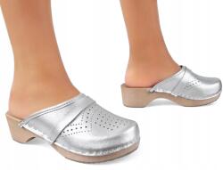 I Love Shoes Ezüst Bőr Fa Női Áttört Flip-flop Orvosi Flip-flop papucs *35* (Chodaki Ażurowe Klasyczne Skórzane Drewniaki )