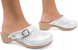 I Love Shoes Fából készült Fehér Bőr Áttört Flip-flop Orvosi Flip-flop papucs csattal *42* (Skórzane Drewniaki Chodaki Klasyczne Ażurowe)