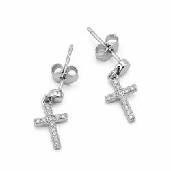 Flippy Cercei Tip Stud din Argint 925, Model Cruce Suspendata, Decor cu Pietre Stralucitoare, Sistem de Prindere cu Tija si Fluturas, Greutate 1.1 g, Argintiu (09324)