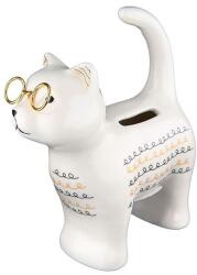  Hófehér és arany színű porcelán szemüveges cica persely - 12 cm (34016 / A)