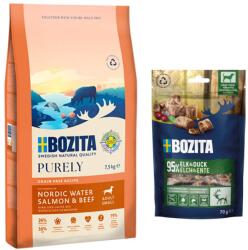  Purely 7, 5kg Bozita Purely Adult Small Grain Free lazac & marha száraz kutyatáp+2x70g Meaty Bits jávorszarvas & kacsa kutyasnack ingyen
