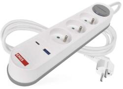EMOS Cablul prelungitor EMOS de 2 m, 3 prize, întrerupător, 1×USB-A + 1×USB-C, 1, 5 mm2, alb (P1312FC)
