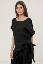 SHOPIKA Bluza lunga din in cu colt si funda, neagra Talie unica