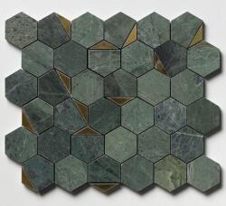 Settimo Mozaic Hexagon Waterjet marmura Verde Tia, insertii alama, 26x29, 8x1 cm (TK007)