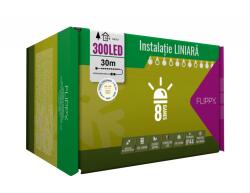 Flippy Instalatie Craciun, 30 m, 300 Led-uri , Liniara, Alb cald, 8 jocuri de lumini, Transformator cu telecomanda, Interconectabila, Prelungitor 5 m inclus, Fir Transparent, Flippy (108633)