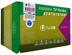 Flippy Instalatie Craciun, Tip Perdea, IP44, 10 m x 1 m, 600 LED-uri, Albastru, cu flash, Transformator cu telecomanda, Interconectabila, Prelungitor 3 m inclus, Fir transparent, Interior/ Exterior, Flippy (