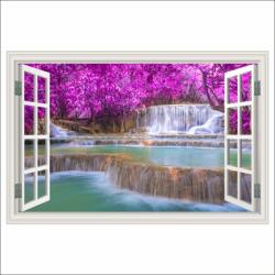 MÉDIA Öntapadó fotótapéta Window Waterfall, rózsaszín erdő, Laosz, 300 x 200 cm (FOTOTAP15539)