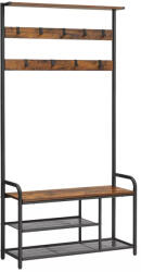 Vasagle Előszoba fogas polccal, akasztókkal, cipőtartóval és ülőkével, rusztikus barna 85x30x180cm (HSR409B01)