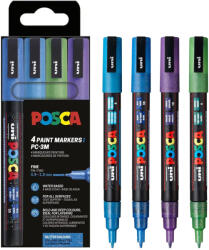 uni Marker cu sclipici varf 0.9-1.3 mm UNI Posca Glitter PC-3ML, 4 culori/set culori reci