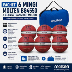 Molten Pachet 6 mingi baschet Molten B6G4550 FIBA Approved + geanta transport Molten (6XB6G4550-EB6)