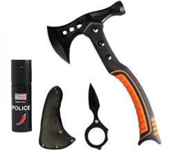 Depox Set topor multifunctional camping cu ciocan, cutit de aruncat si spray autoaparare chili DEPOX®, otel inoxidabil, maner cauciucat, 33.5 cm/60 ml (1363)
